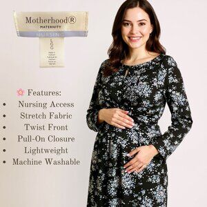 MOTHERHOOD Black & Blue Floral Nursing Dress L Twist Front Long Sleeve Maternity